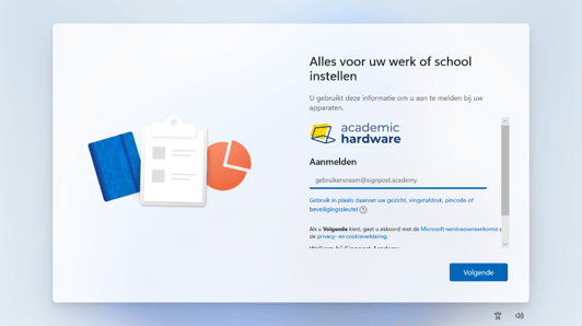 Startscherm bij heropstarten computer bij eerste ingebruikname